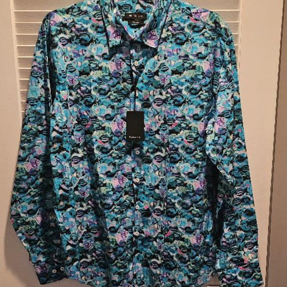 BUGATCHI Brand New w/Tags Long Sleeve Fish Print Shirt in Blue XL